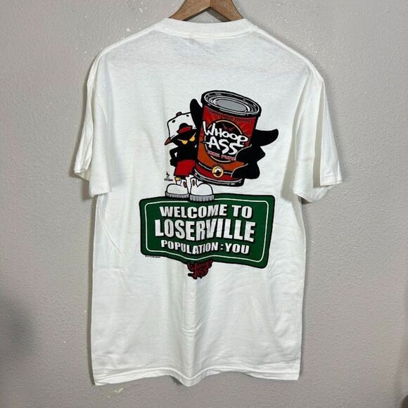 VTG 90's Whoop Ass Sportswear T Shirt Mens M White Graphic Loserville - Picture 3 of 6